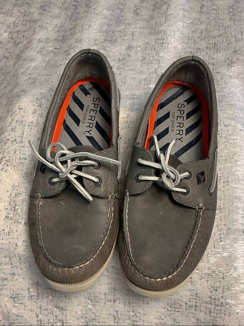 Sperry Men's Gray Leather Moc Toe Boat Shoes with Orange Liner